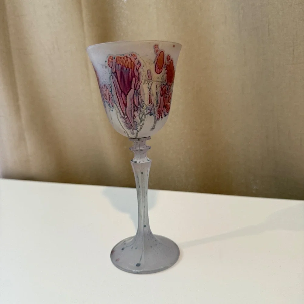 Artisan Hand Blown Frosted Glass‎ Wine Goblet Abstract Floral